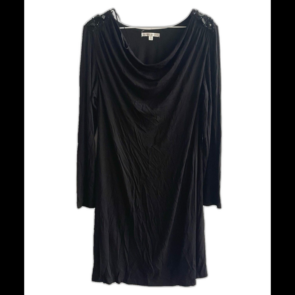 Sandra Darren Black Cowl Neck Dress Women 12 Beaded Shoulder Long Sleeve Stretch